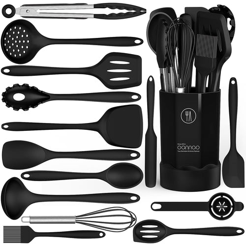Black Silicone Cooking Utensils Set - 446°F Heat Resistant Kitchen Utensils,Turner Tongs,Spatula,Spoon,Brush,Whisk,Ki...